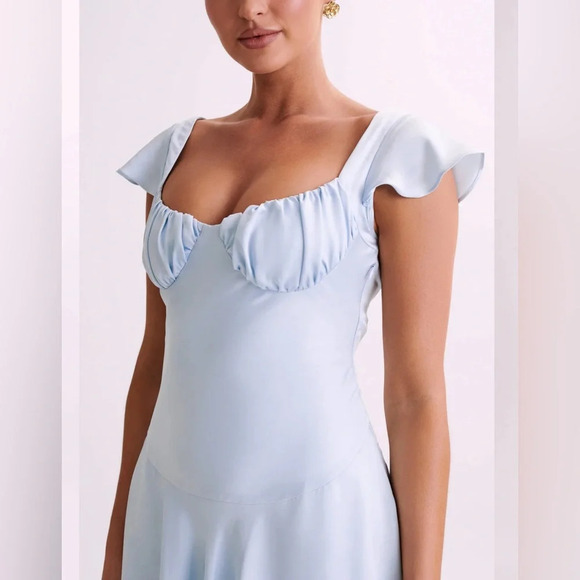 MESHKI | Carson Ruched Satin Mini Dress | Powder Blue | Size: X-Large - Picture 4 of 7